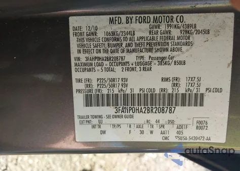 2011 Ford Fusion Se from USA, damaged, VIN 3FAHP0HA2BR208787